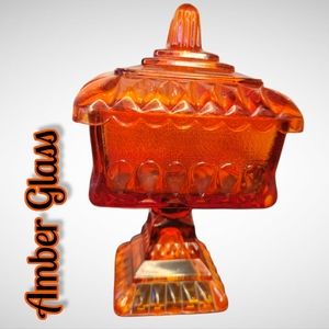 Vtg Amber Glass Trinket Mint Candy Pedestal Footed Square Dish